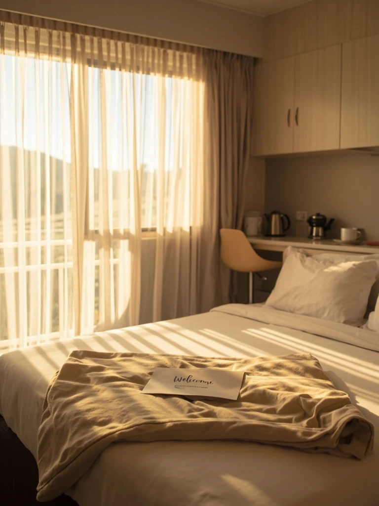 A sunlit studio unit at Four Seasons Motel, dressed with fresh linen and a welcome card on the pillow.
